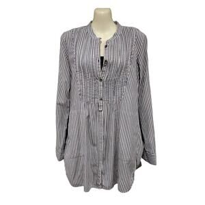 Ruff Hewn Striped Button Up Tab Sleeve Tunic with Pockets, Blue, Wht, Sz S